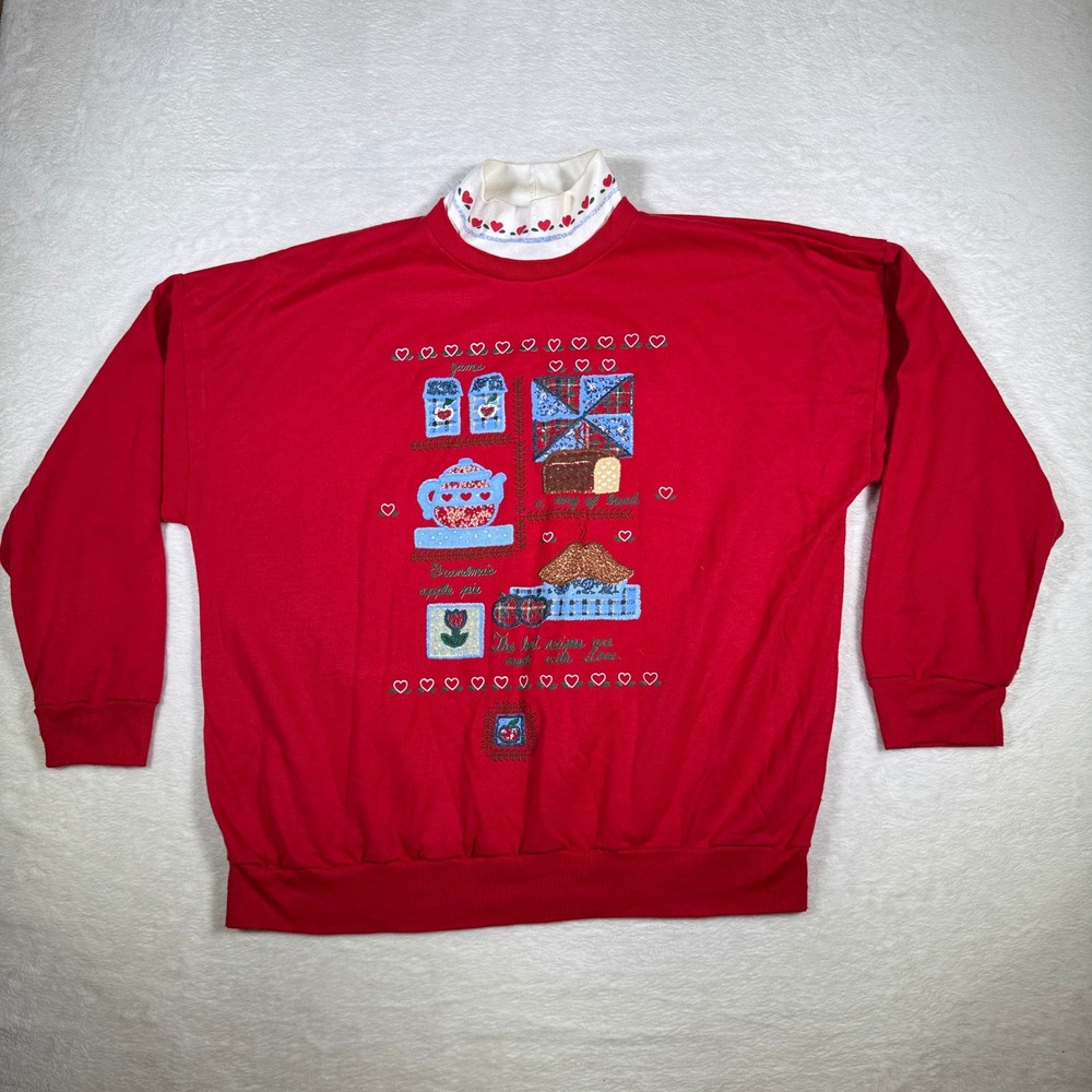 Act III Red Embroidered Mock Neck Sweatshirt XL‎ Cottagecore Hearts Tea Pot Rose